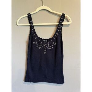 NWT Emanuel Ungaro Beaded Navy Tank‎ Womens Petite Y2K Style